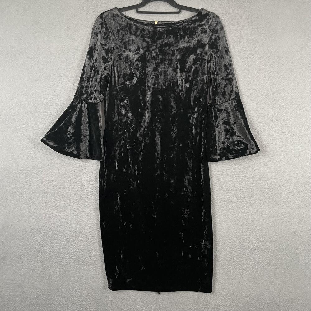 Calvin Klein Dress Womens 8 Black Sheath 3/4 Bell Sleeve Boat Neck Velvet
